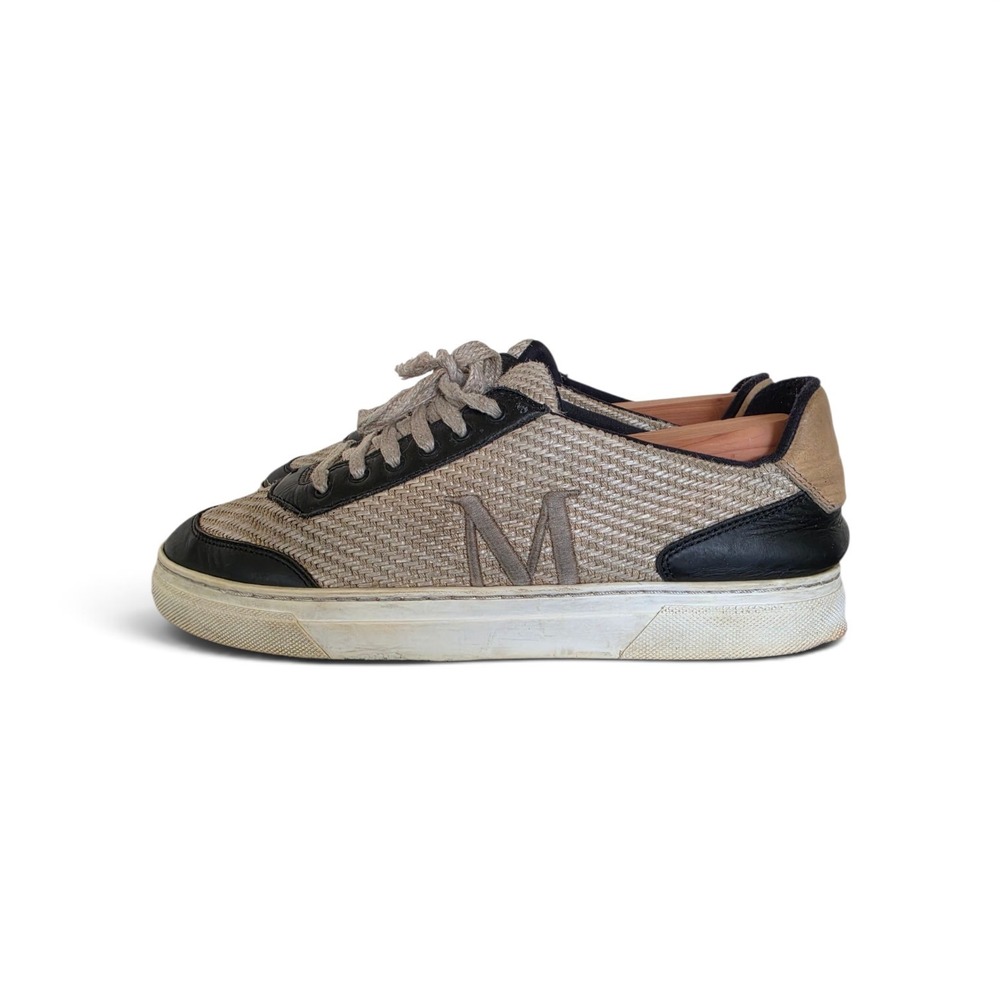 Max Mara Taba Beige Woven Black Leather Iconic M logo Sneakers sz 39 Us 8.5